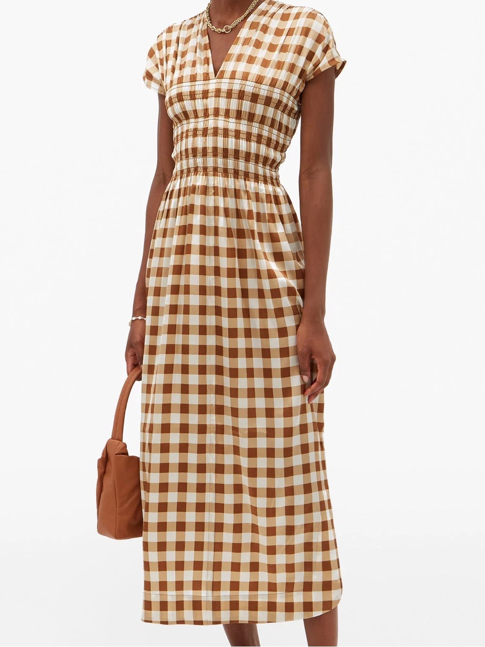 Ganni Gingham Smocked Waist Stretch Silk Midi Dress